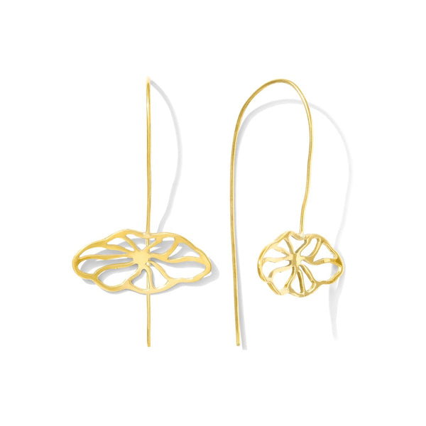 Gold floral earrings on thin hooks against a white background