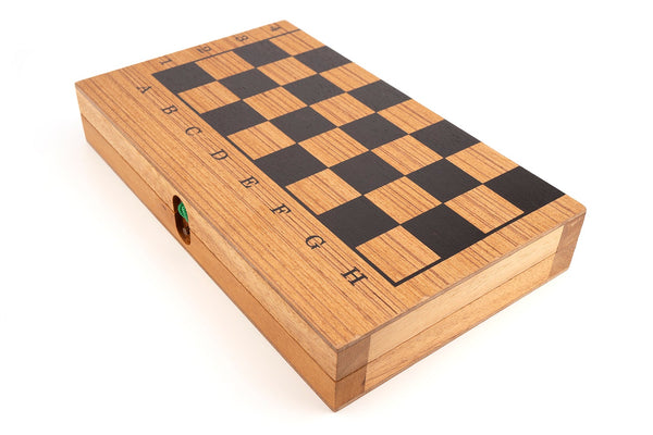 Wooden chessboard with checkered pattern on a white background