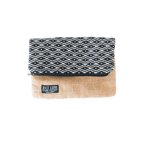 Foldover Clutch - Sara handwoven jute bag with Black Diamond pattern