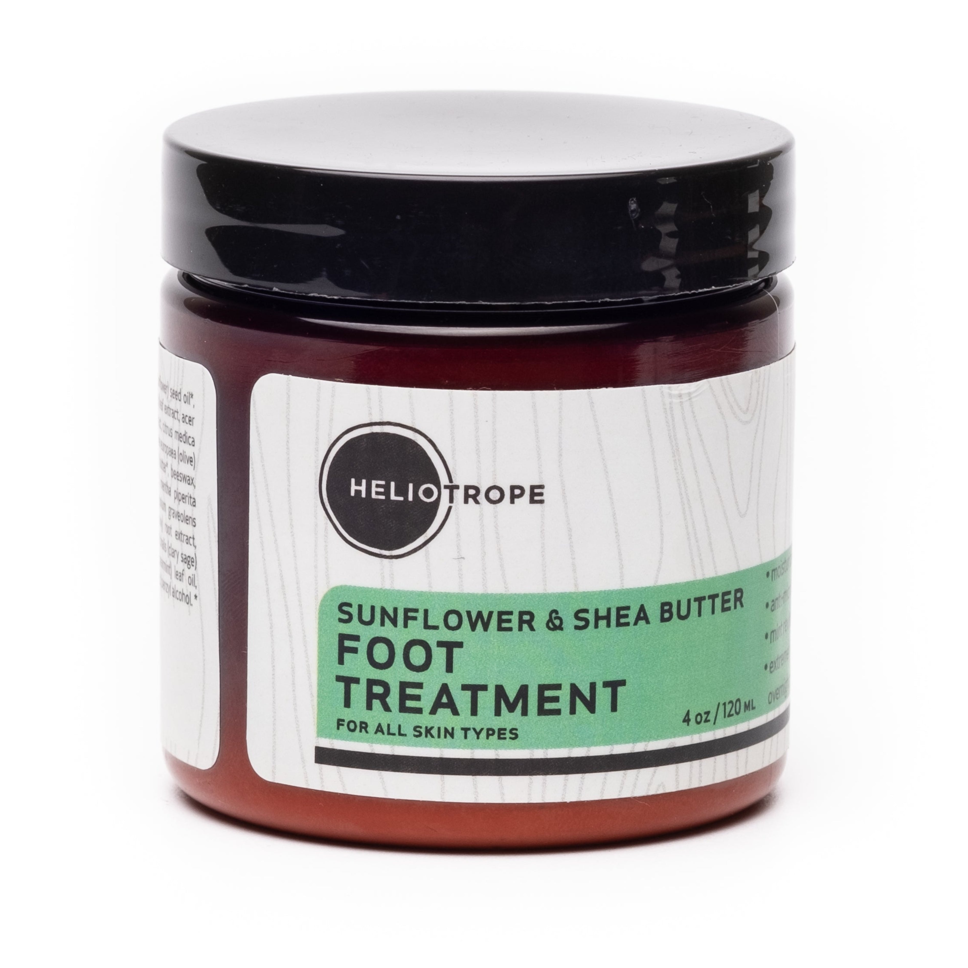 Heliotrope SF Sunflower and Shea Butter Foot Treatment cream in a 4 oz jar, made with organic ingredients and peppermint essential oil