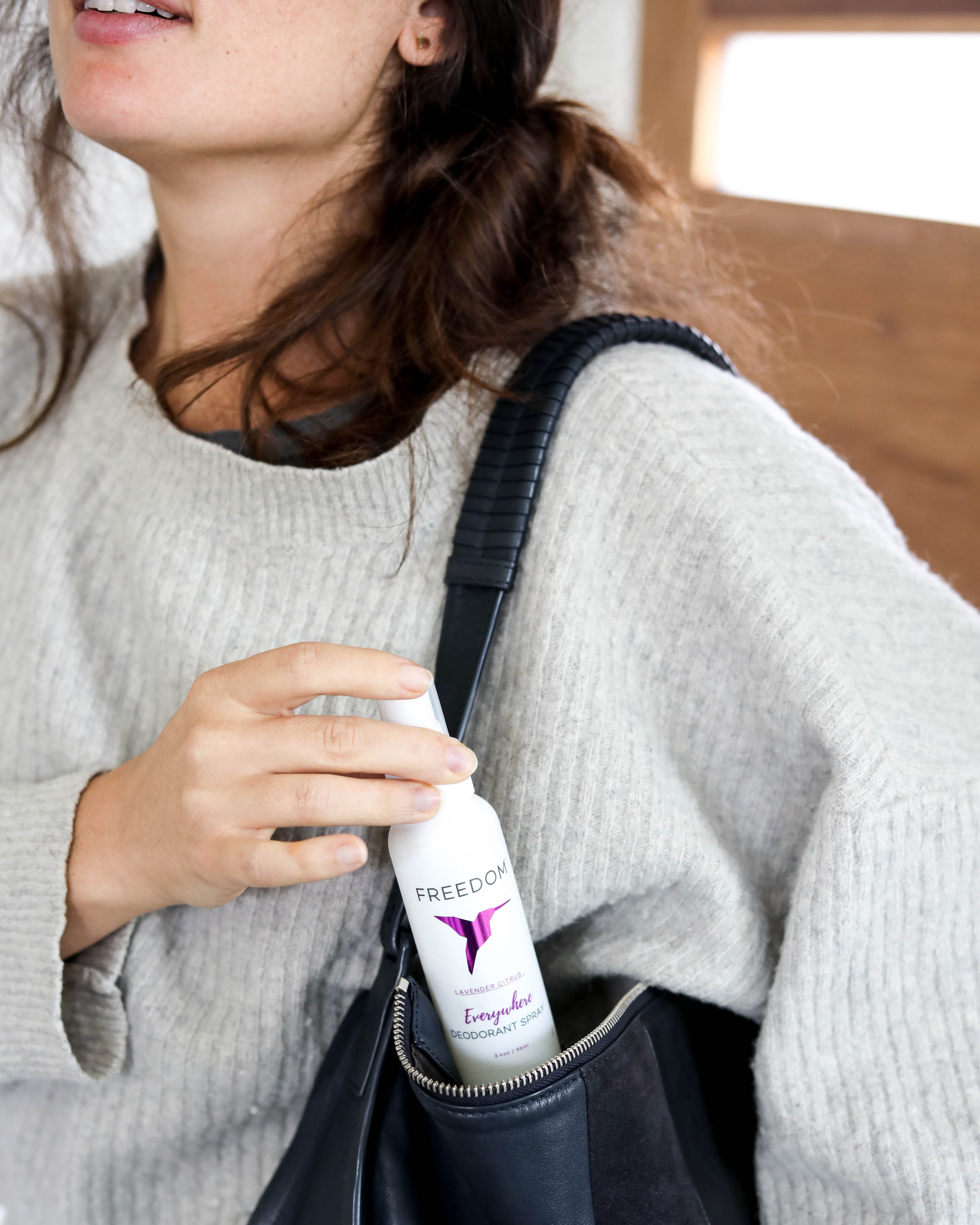Freedom Natural Deodorant Everywhere Spray lifestyle use on the go