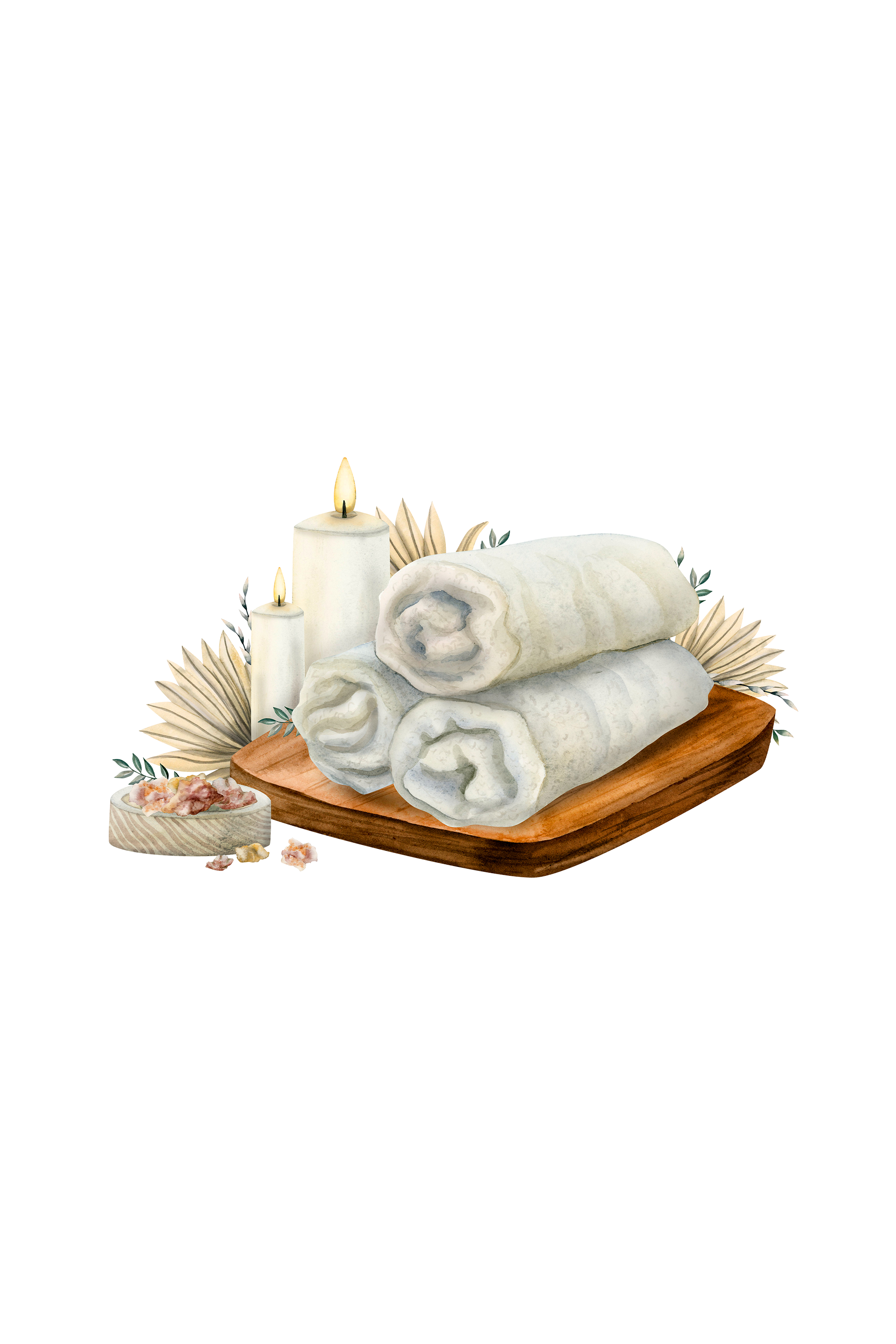 Stack of white towels on a wooden tray with candles and decorative elements on a white background