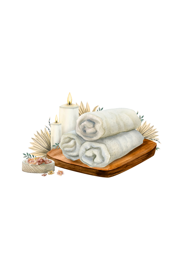 Stack of white towels on a wooden tray with candles and decorative elements on a white background