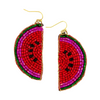 Beaded watermelon slice earrings made from glass beads and felt on a white background