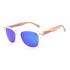 Sunglasses with colorful frame and blue lenses on a white background