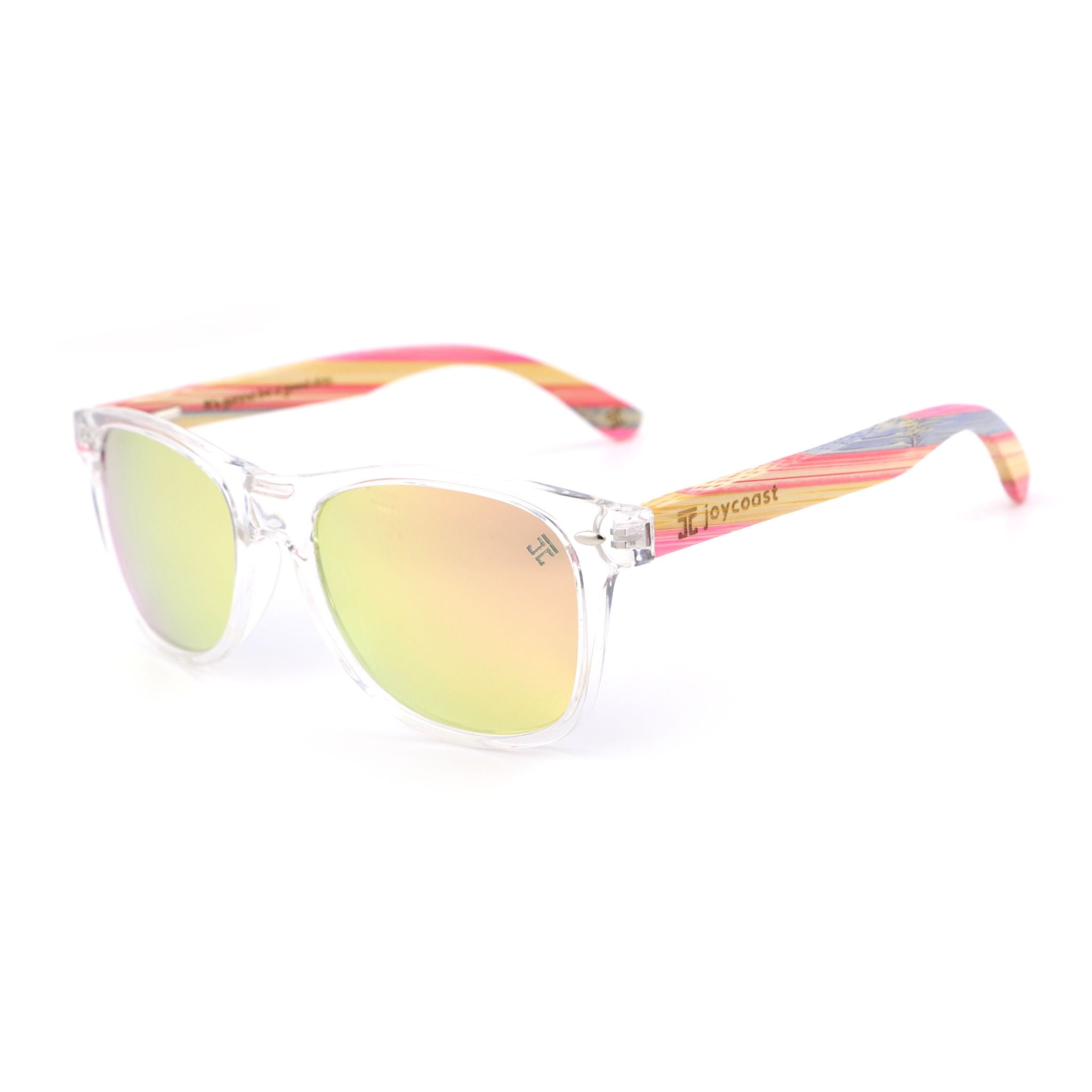 Sunglasses with colorful frame and reflective lenses on a white background