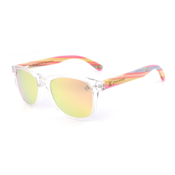 Sunglasses with colorful frame and reflective lenses on a white background