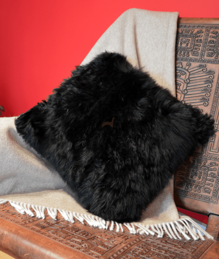 Black baby alpaca fur pillow case with hidden zipper closure, 100% natural alpaca