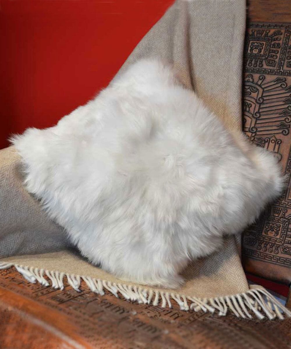 White baby alpaca fur pillow case handmade in Peru by Purely Alpaca, 16x16 inches