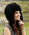Black baby alpaca fur hat in classic RCMP style with earflaps, handmade in Peru