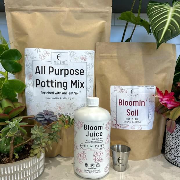 Elm Dirt Gardener's Gift Flowering Bundle with Bloom Juice, Bloomin' Soil, All Purpose Potting Soil and measuring glass