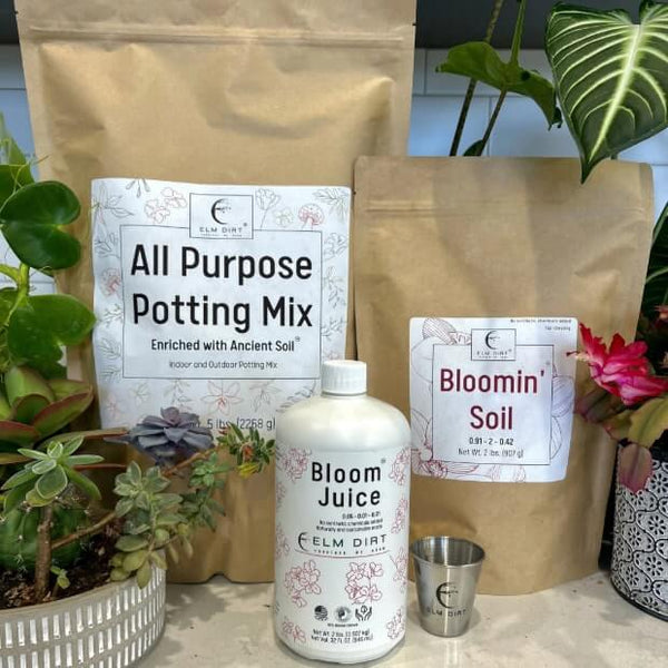 Elm Dirt Gardener's Gift Flowering Bundle with Bloom Juice, Bloomin' Soil, All Purpose Potting Soil and measuring glass