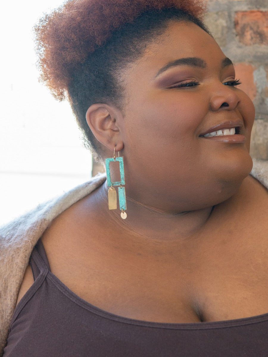 Geometric patina statement earrings handcrafted by women artisans in Chile for Fair Anita
