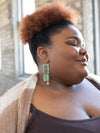 Close-up of recycled brass and copper patina frame earrings by Fair Anita Chile Collection