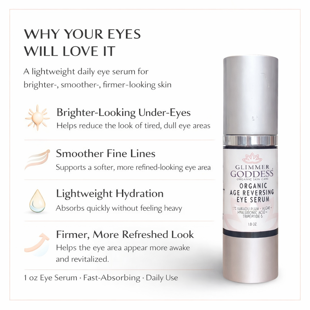 Key benefits of Glimmer Goddess Age Reversing Eye Serum — firms, brightens and reduces dark circles