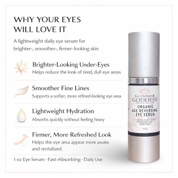 Key benefits of Glimmer Goddess Age Reversing Eye Serum — firms, brightens and reduces dark circles