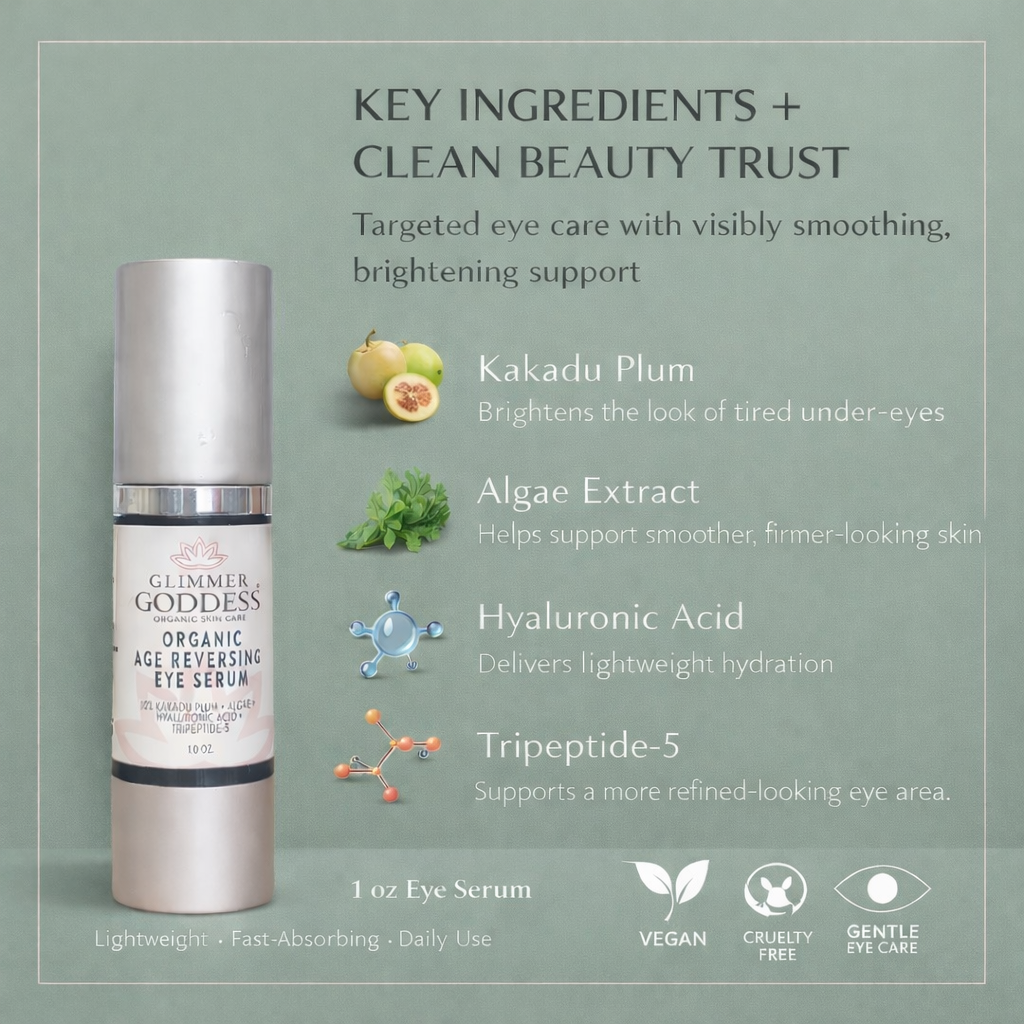Certified organic ingredients in Glimmer Goddess Age Reversing Eye Serum including spirulina and vitamin C