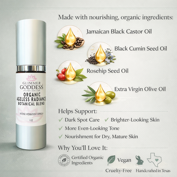 Certified organic ingredients in Glimmer Goddess Ageless Radiance serum including rosehip and castor oil