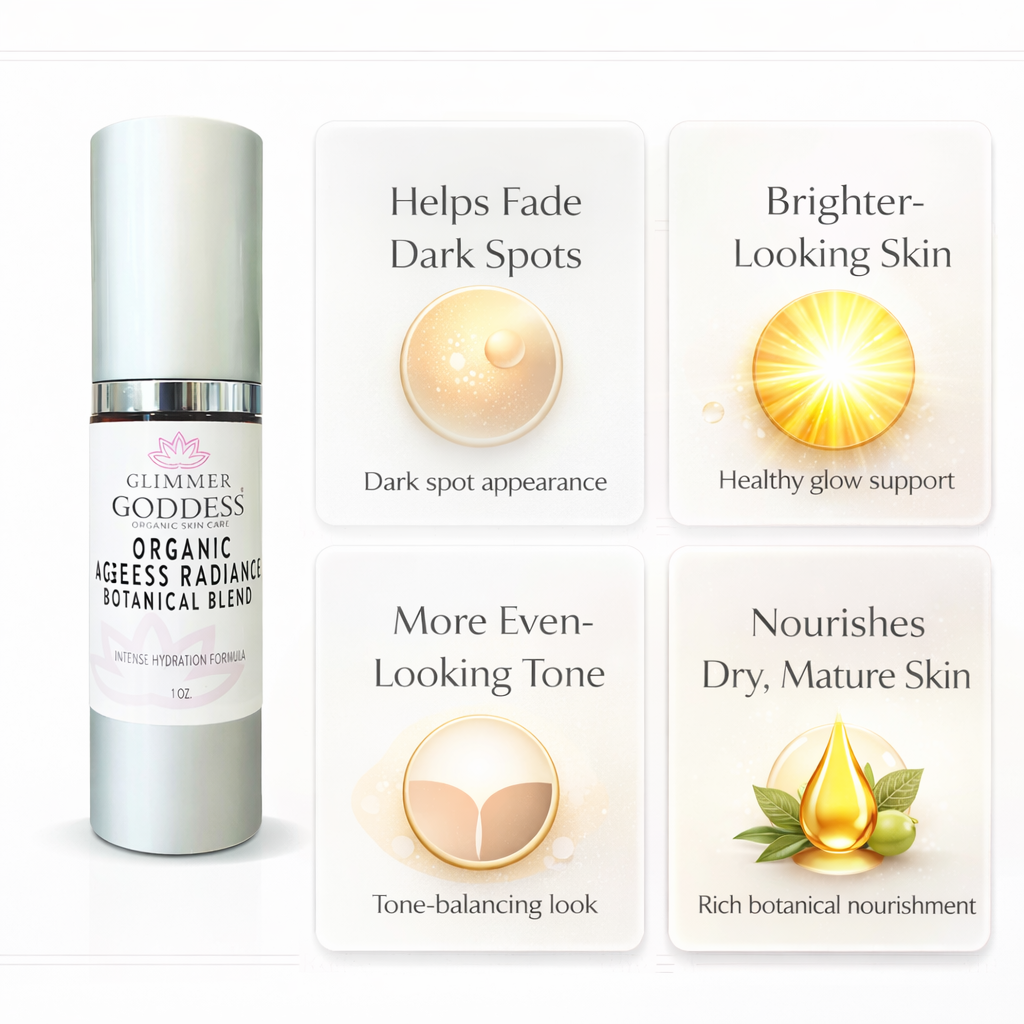 Skin benefits of Glimmer Goddess Ageless Radiance organic brightening facial oil serum