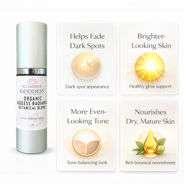 Skin benefits of Glimmer Goddess Ageless Radiance organic brightening facial oil serum