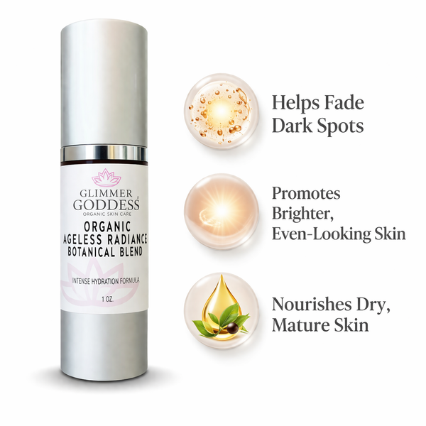Glimmer Goddess Ageless Radiance organic brightening facial oil serum in airless pump bottle