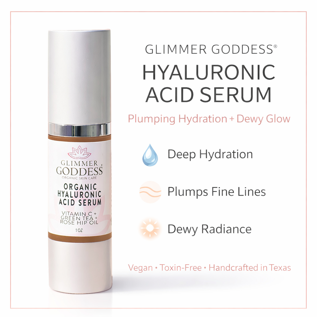 Glimmer Goddess Organic Hyaluronic Acid Serum bottle hero shot – plumping hydration serum for glass skin glow