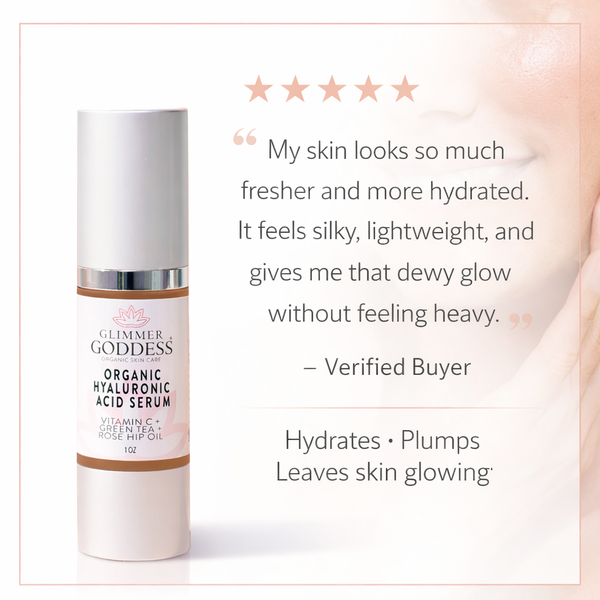 Customer testimonial for Glimmer Goddess Organic Hyaluronic Acid Serum – 4.9 star hydrating serum reviews