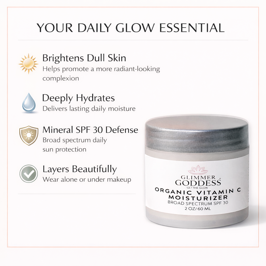 Glimmer Goddess organic vitamin C moisturizer with benefits listed on a white background