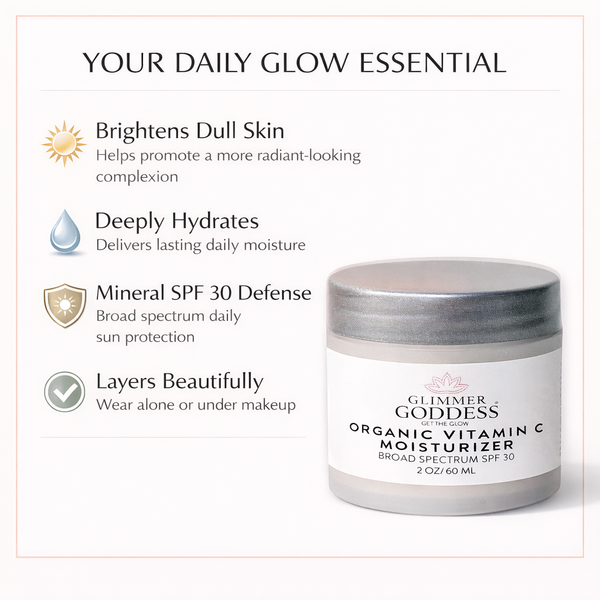 Glimmer Goddess organic vitamin C moisturizer with benefits listed on a white background