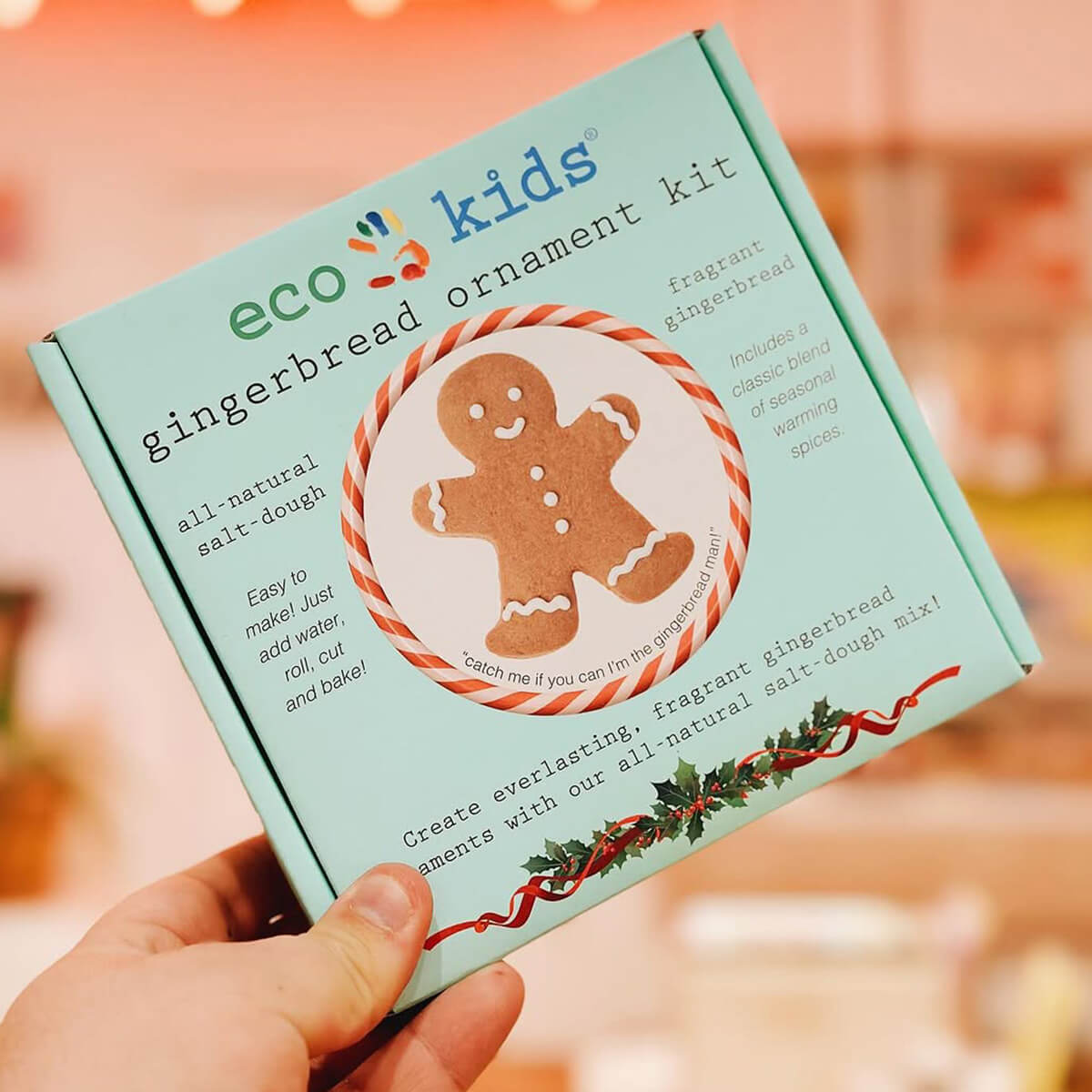 Hand holding an eco kids gingerbread ornament kit box with a blurred background