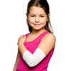 Young girl wearing white Remedywear eczema sleeves on her arms for itch relief