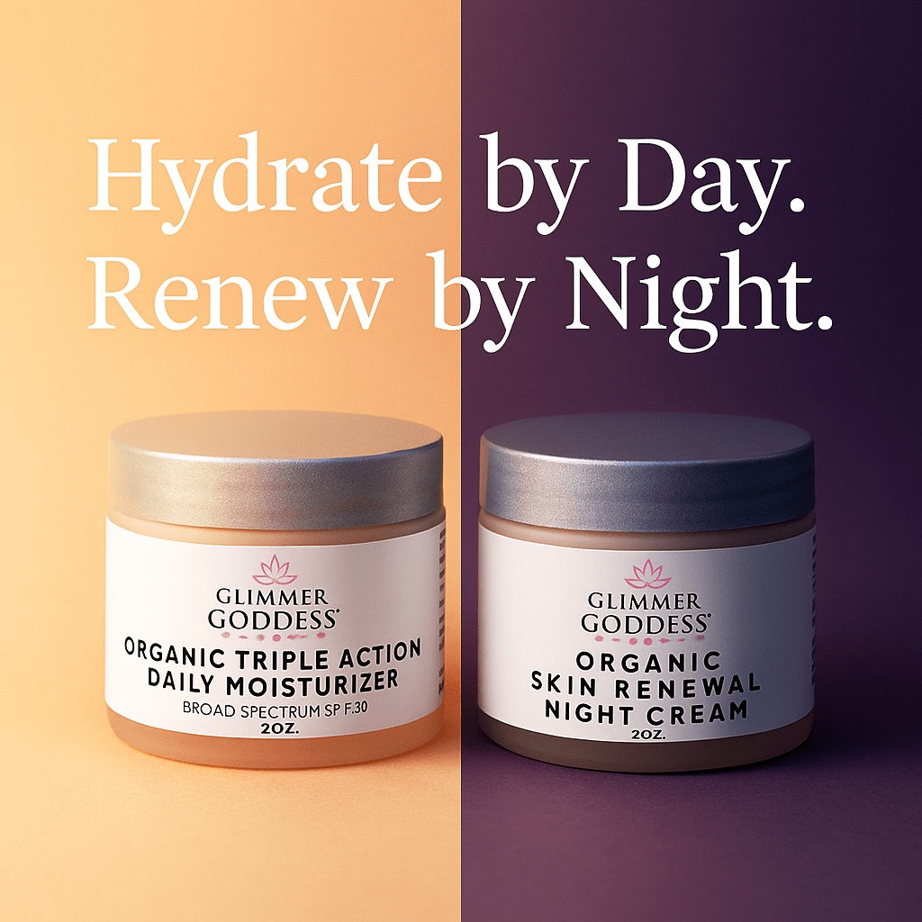 Two jars of Glimmer Goddess skincare products on a split background with text 'Hydrate by Day. Renew by Night.'