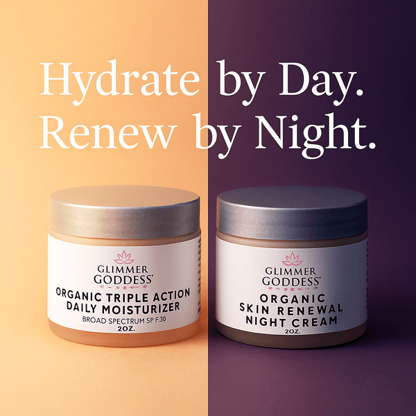 Two jars of Glimmer Goddess skincare products on a split background with text 'Hydrate by Day. Renew by Night.'
