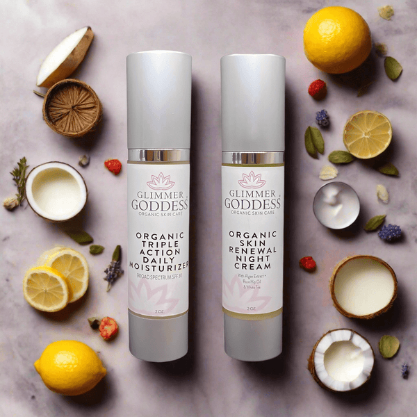 Glimmer Goddess Day and Night Radiance Duo, moisturize, restore, and renew skin care set
