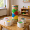 Close-up of certified gluten-free natural play dough jars in wheat straw bioplastic