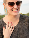 Adjustable antiqued brass moonstone and peridot stone ring worn on hand — Fair Anita