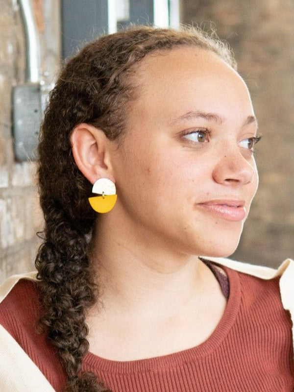 Gold brass and mustard Clear Horizon circle stud earrings by Fair Anita, ethically made in India