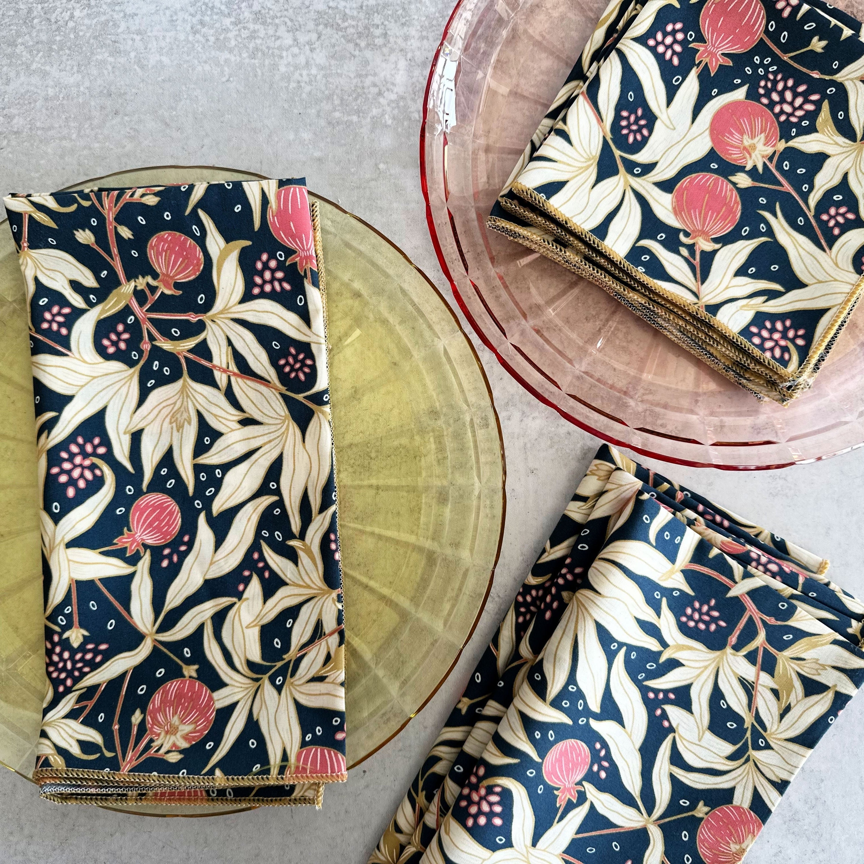 Gooseberry cocktail cloth napkins set of 4 in navy blue with pink and honey print by Dot and Army