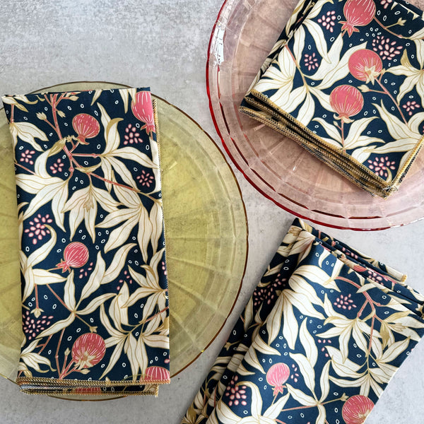 Gooseberry cocktail cloth napkins set of 4 in navy blue with pink and honey print by Dot and Army