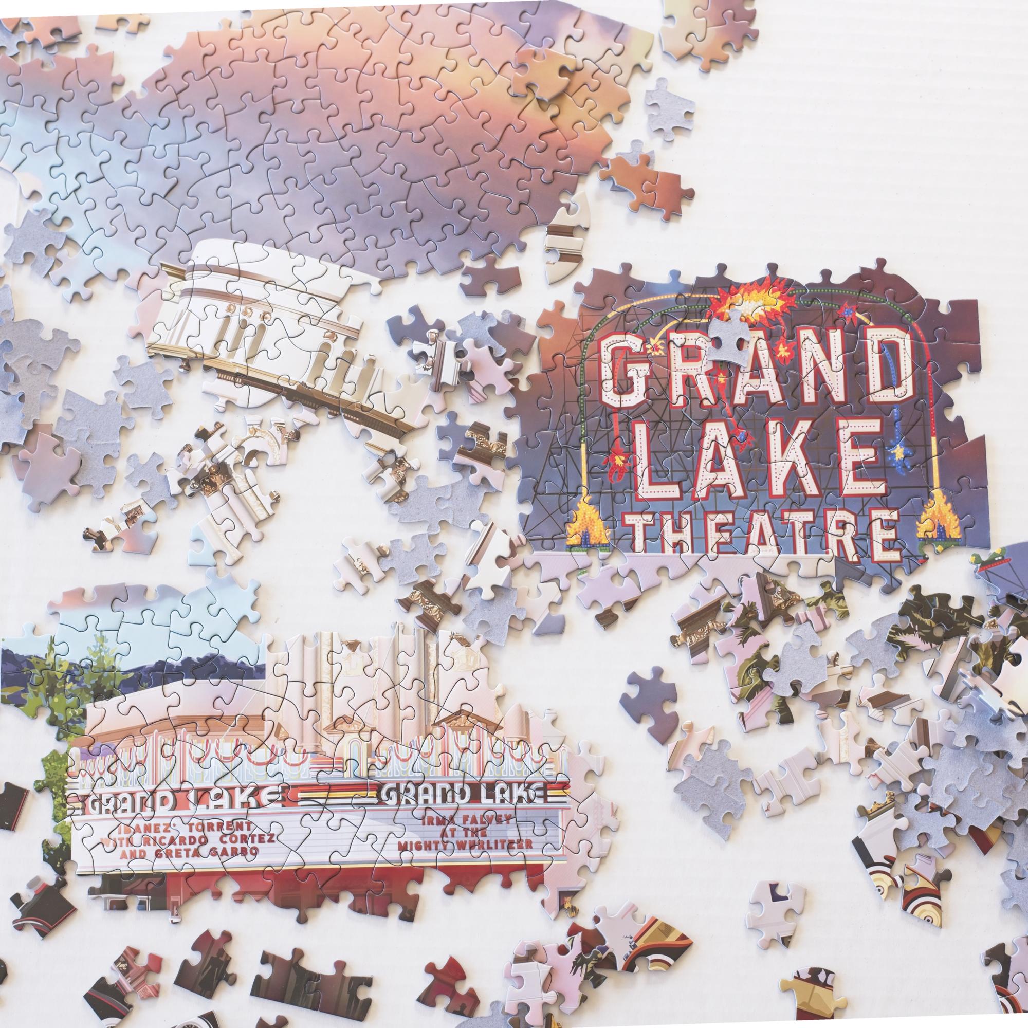 Grand Lake Theatre jigsaw puzzle partially assembled