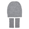 Gray knit beanie and fingerless gloves set on a white background