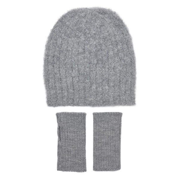 Gray knit beanie and fingerless gloves set on a white background