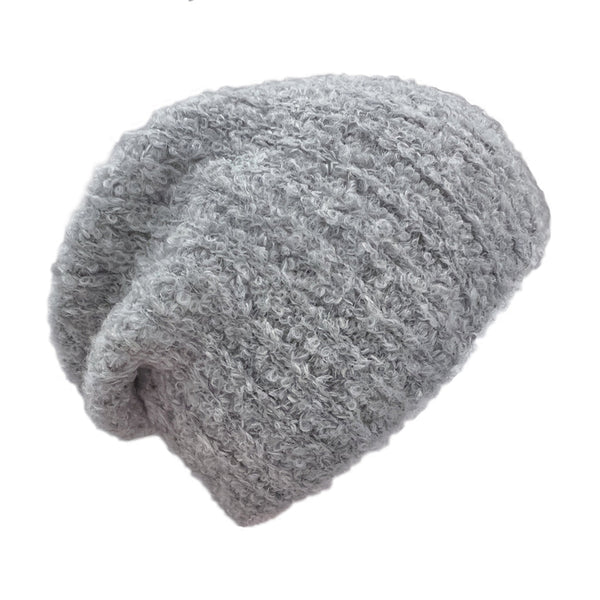 Gray knit beanie on a white background