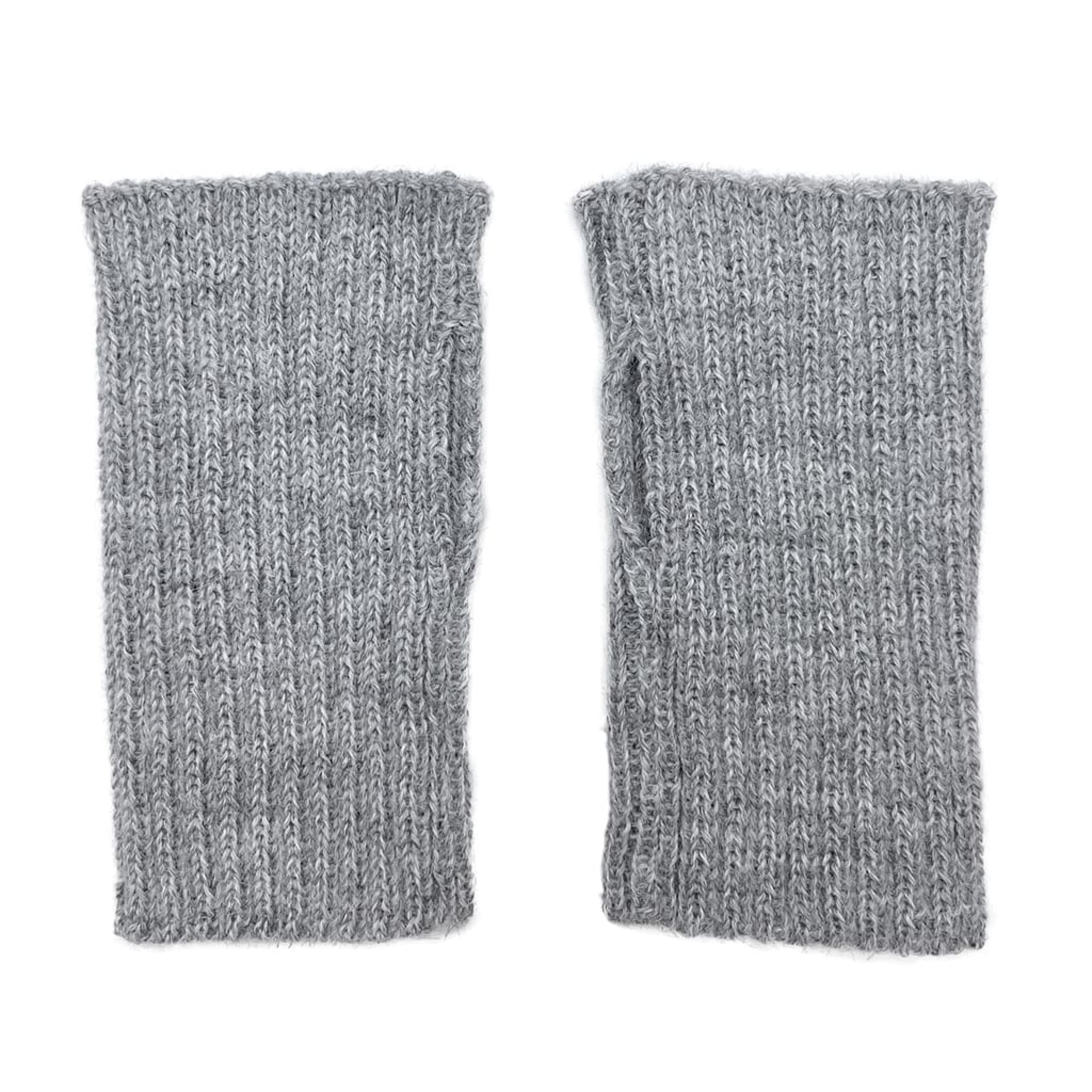 Pair of gray knitted fingerless gloves on a white background