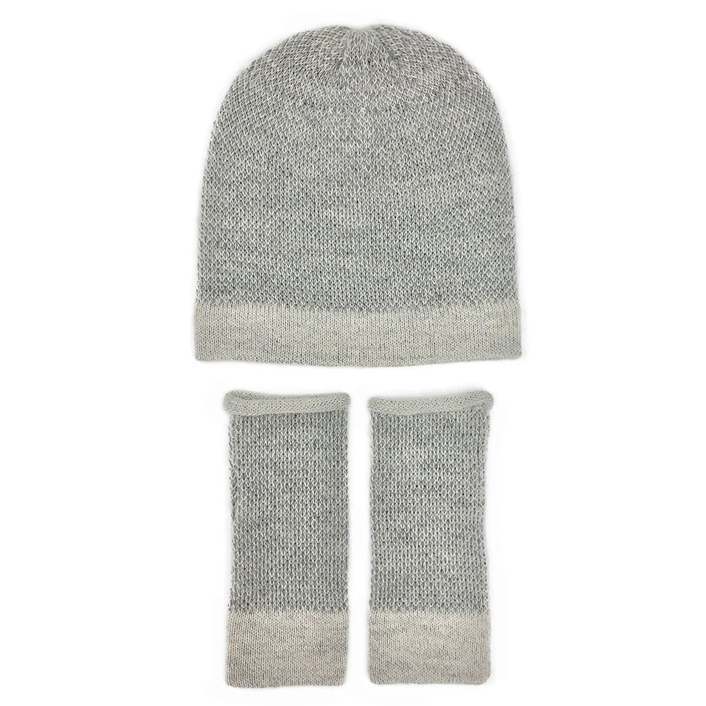 Gray knit beanie and fingerless gloves set on a white background