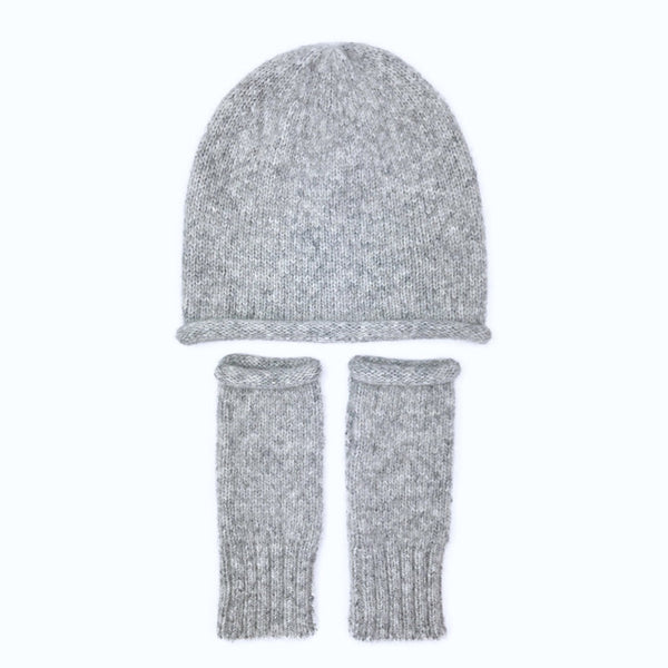 Gray knit hat and scarf set on a white background