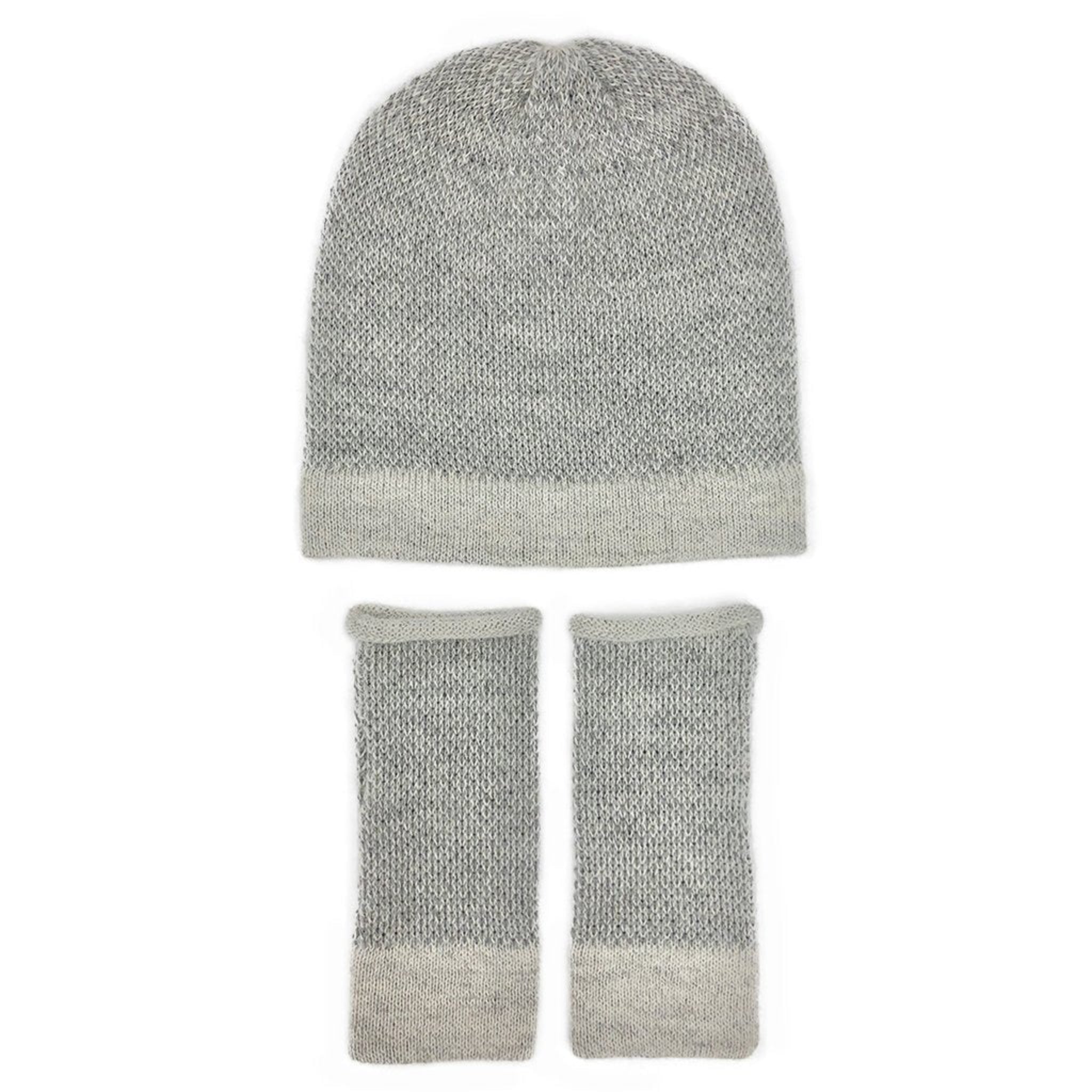 Gray knit beanie and fingerless gloves set on a white background