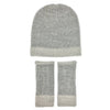 Gray knit beanie and fingerless gloves set on a white background