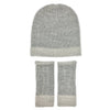 Gray knit beanie and fingerless gloves set on a white background