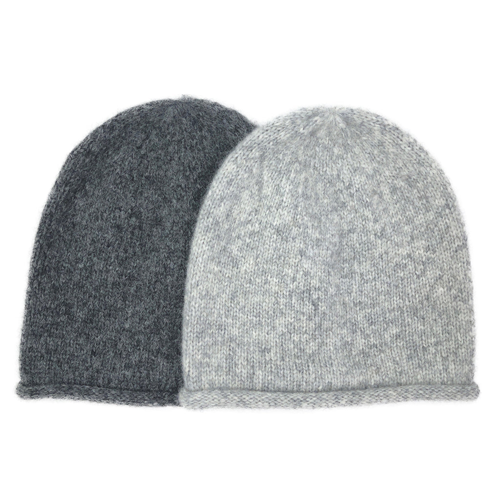 Two knit beanies, one light gray and one gray, on a white background